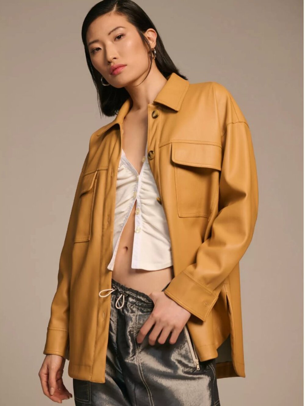 Anthropologie Maeve Light Brown Faux Leather Shirt Jacket - Size M